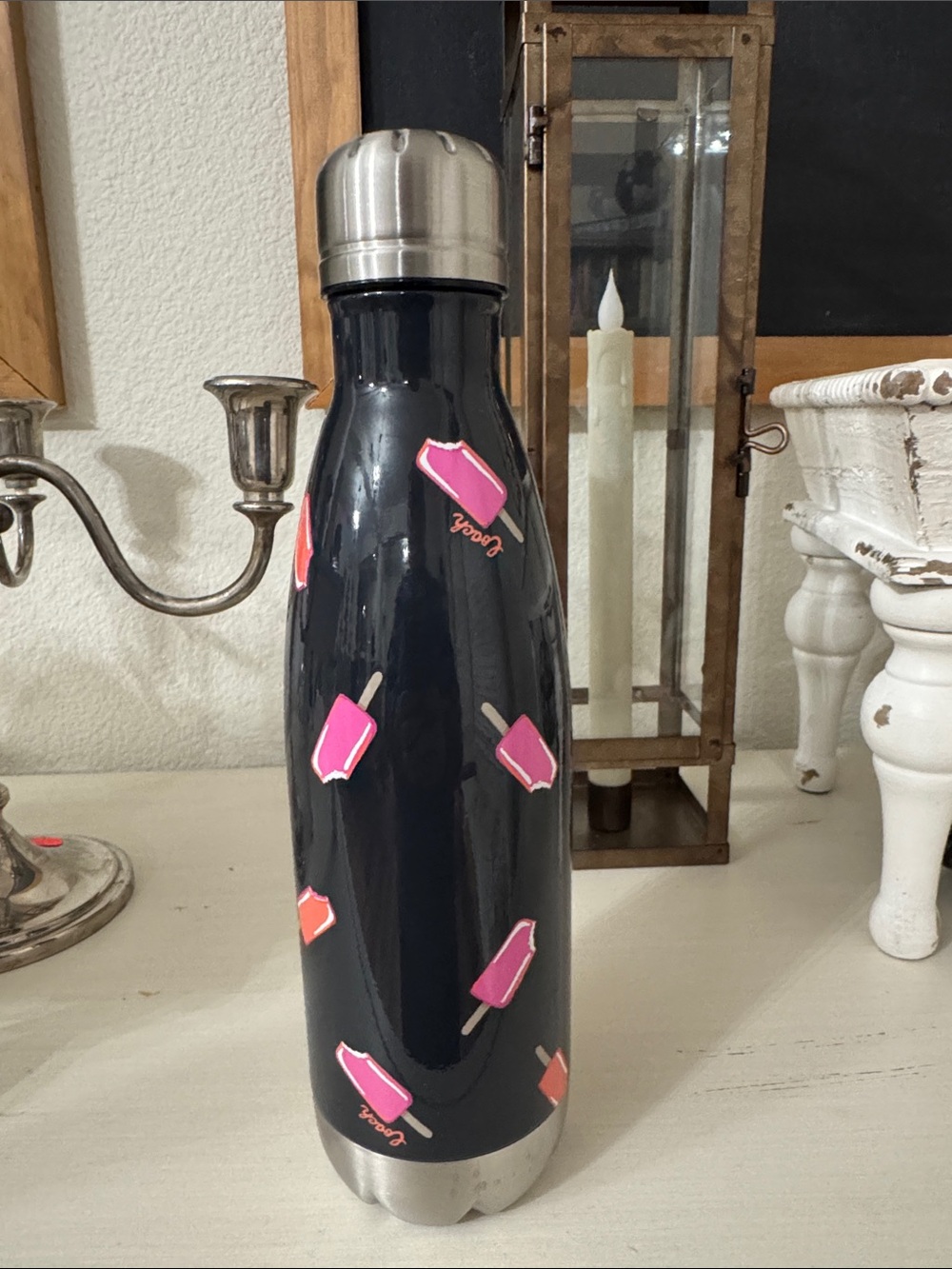 #61 COACH Black Stainless Steel Water Bottle with Pink Popsicle Motif RARE 17 oz